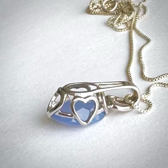 Vintage Natural Blue CHALCEDONY Sterling Silver 925 HEART Earrings Necklace SET - Picture 9 of 12